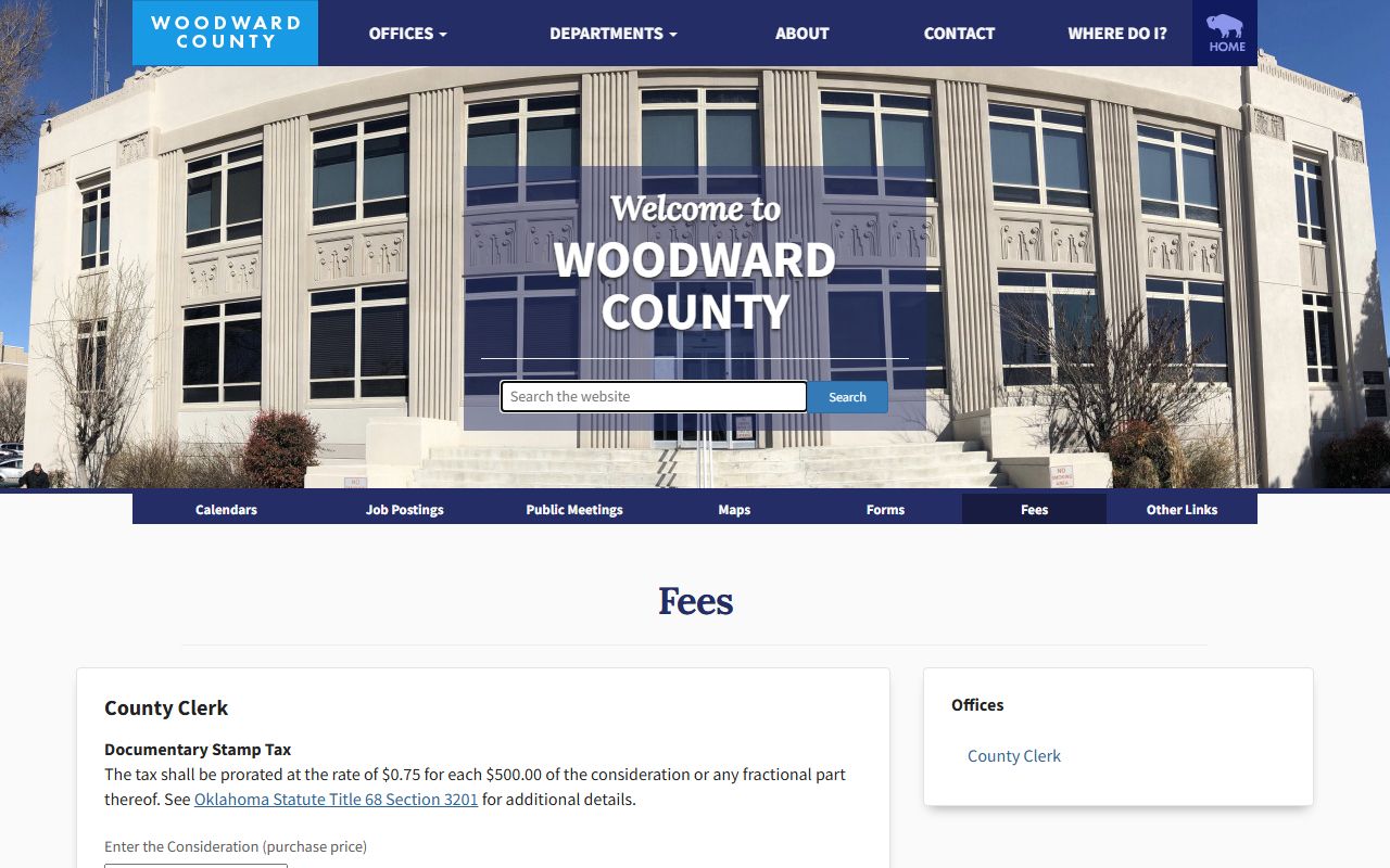 Woodward County Court Clerk page reference to county recording and copy fees