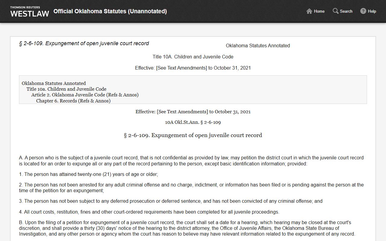 Oklahoma juvenile expungement statute affecting Woodward County court dockets