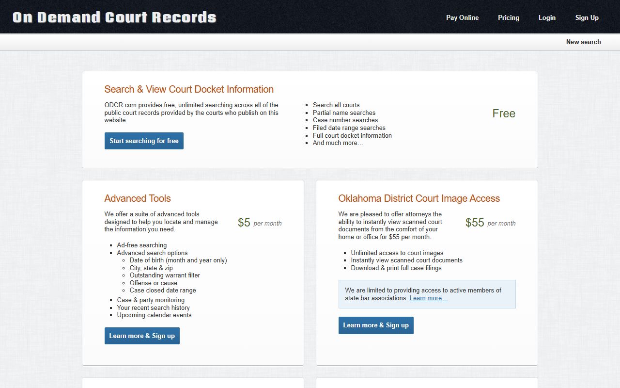 ODCR pricing page for Woodward County court records access