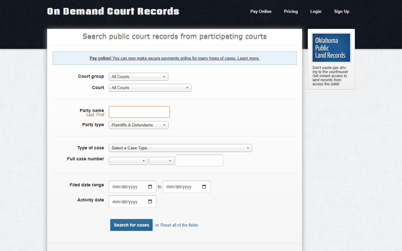 ODCR public search portal for Woodward County court records