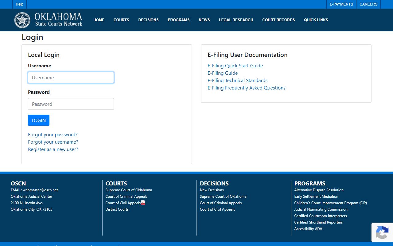 Oklahoma e-filing portal for Woodward County court records
