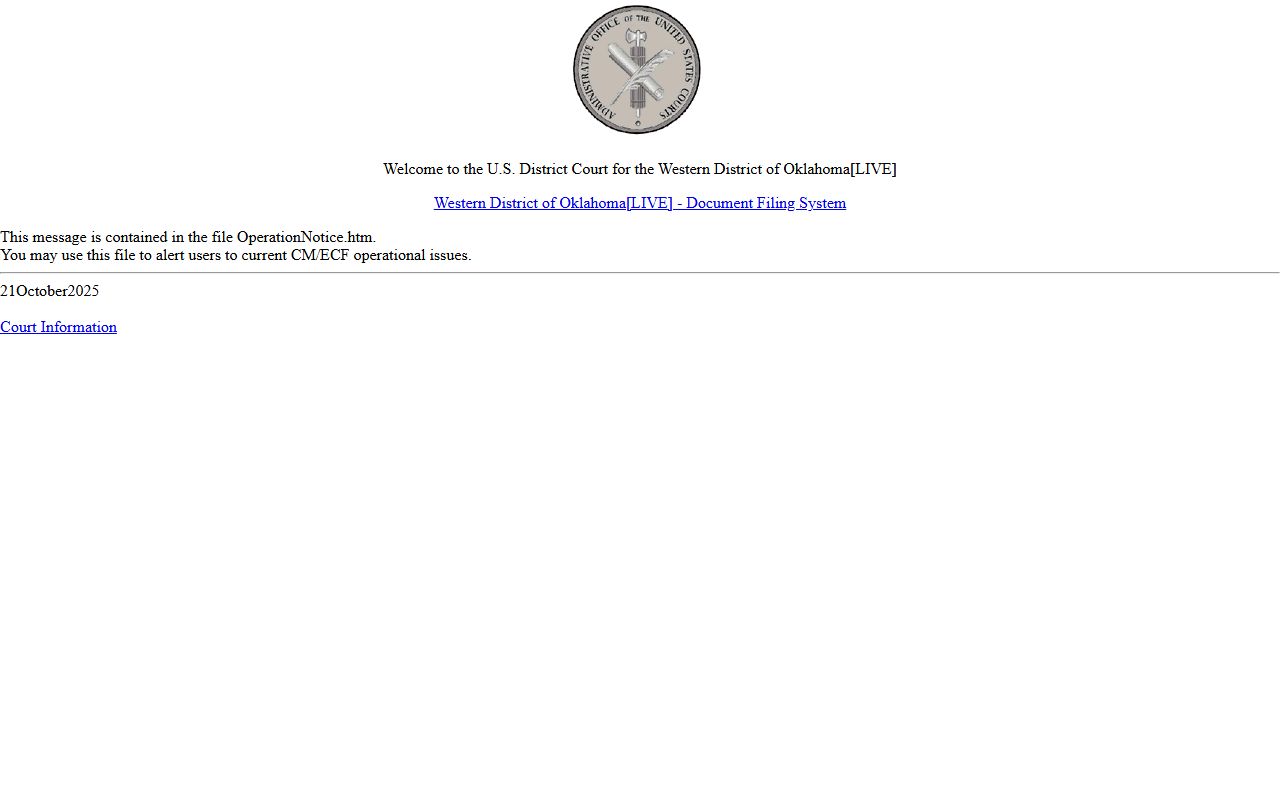 Oklahoma Western District CM/ECF filing system near Woodward County District Court