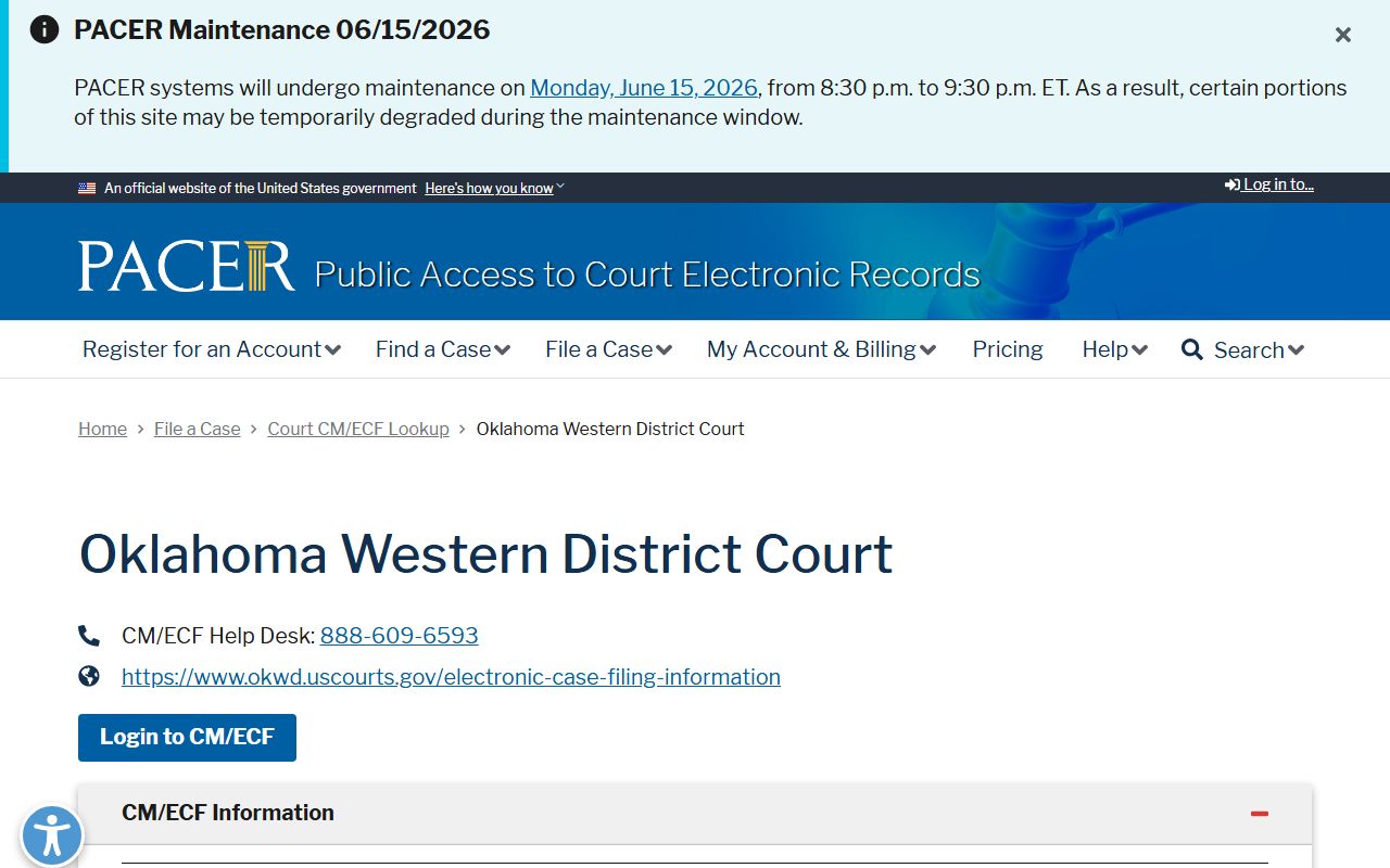 PACER lookup for Oklahoma Western District Court serving Woodward County