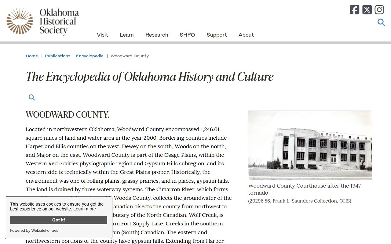 Oklahoma Historical Society entry on Woodward County history and court records
