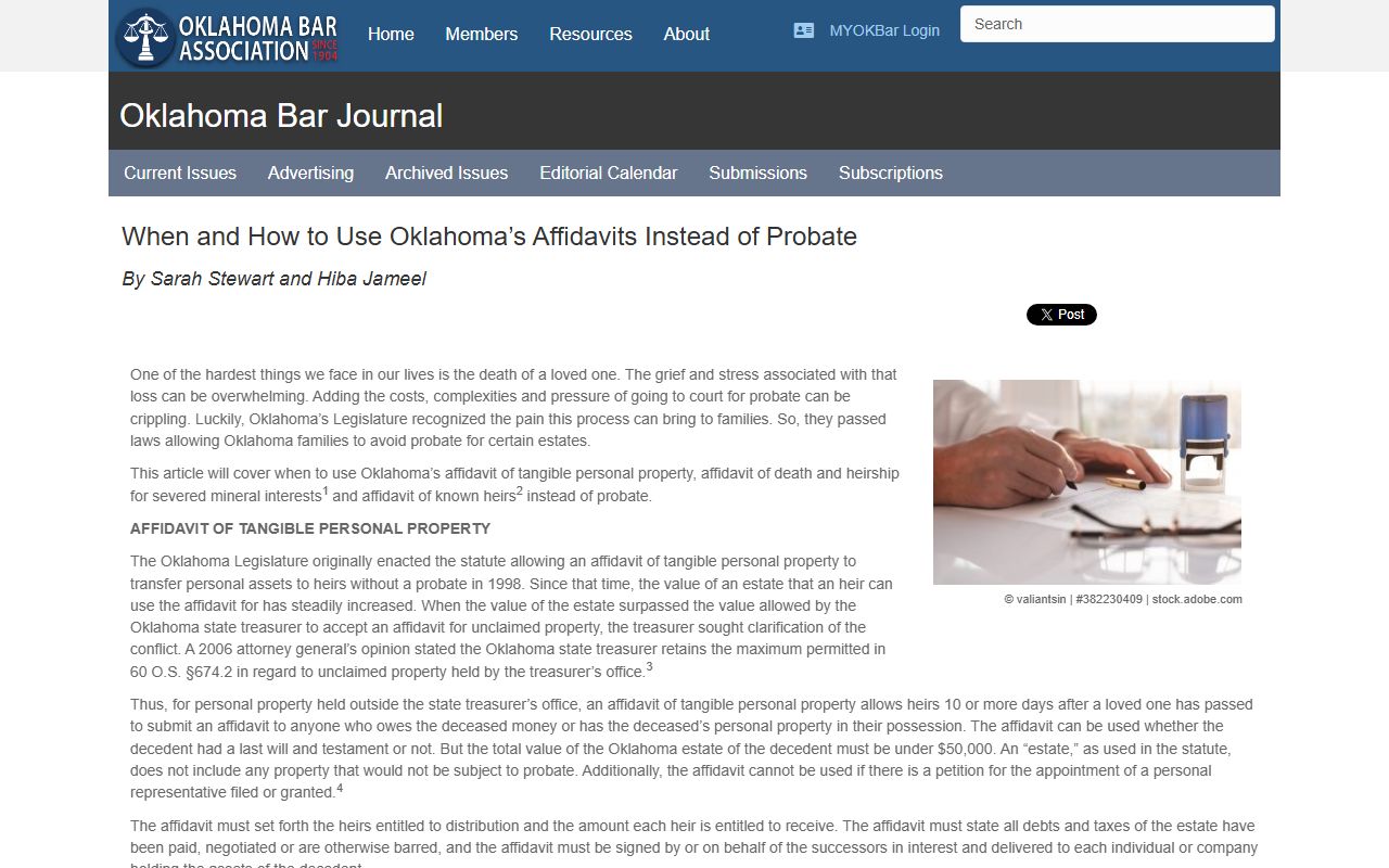 Oklahoma Bar small estate affidavit guidance for Woodward County probate records